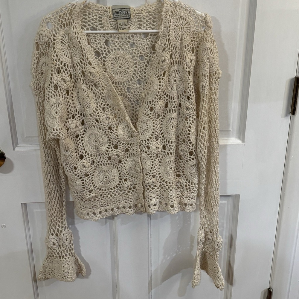 Vintage Croquet Club Button Front Cardigan Flared Cuffs Large